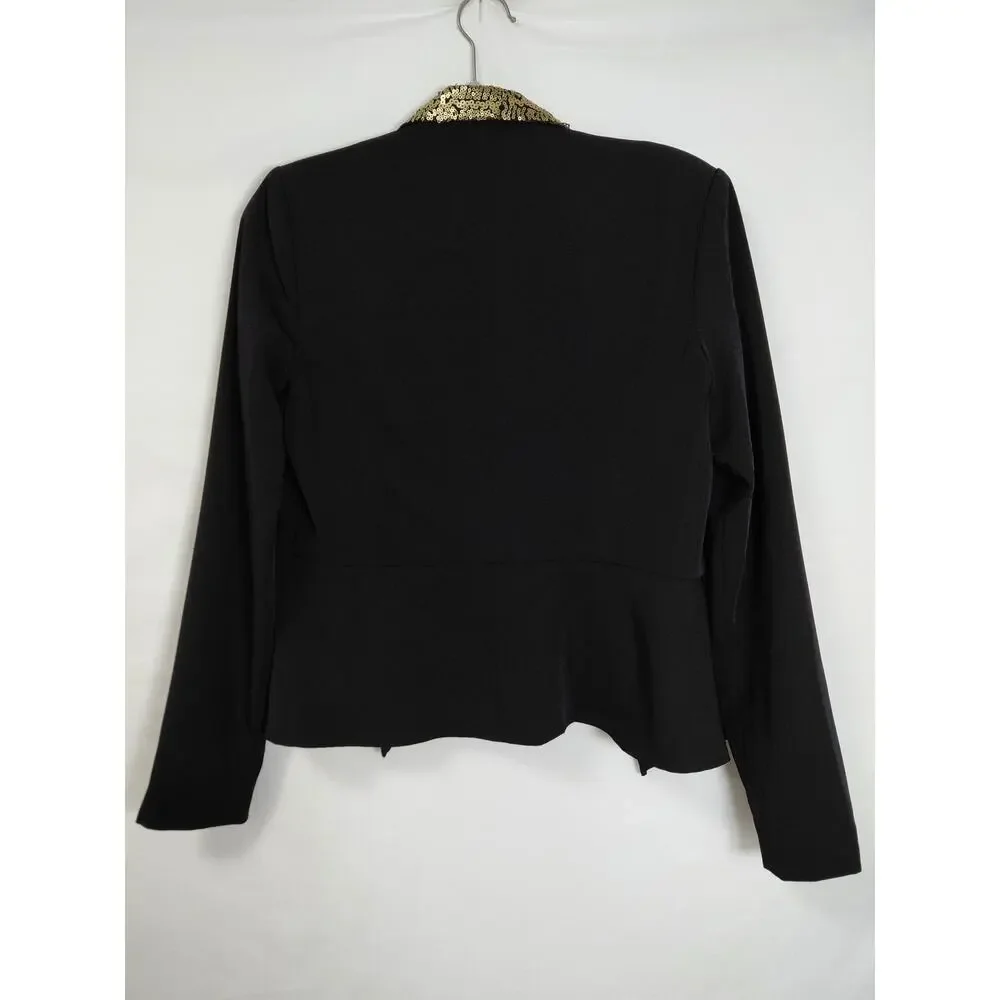 Mandee Black Gold Sequin Shawl Collar Peplum Open Front Jacket Women Size L